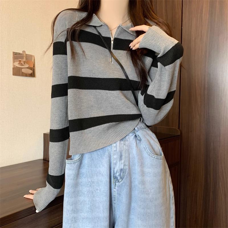 Bottom Shirt Autumn Winter Loose Polo Collar Striped Sweater New Design Zipper Short Top for Women