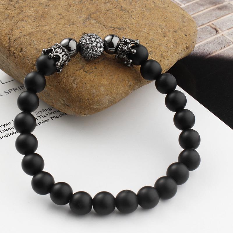 Micro-inlaid Copper Bead Crown Zirconia Bracelet with Frosted Prayer Beads