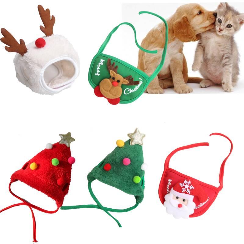 Festive Dog Cat Xmas Hat Bib Set – Red/green/white Polyester