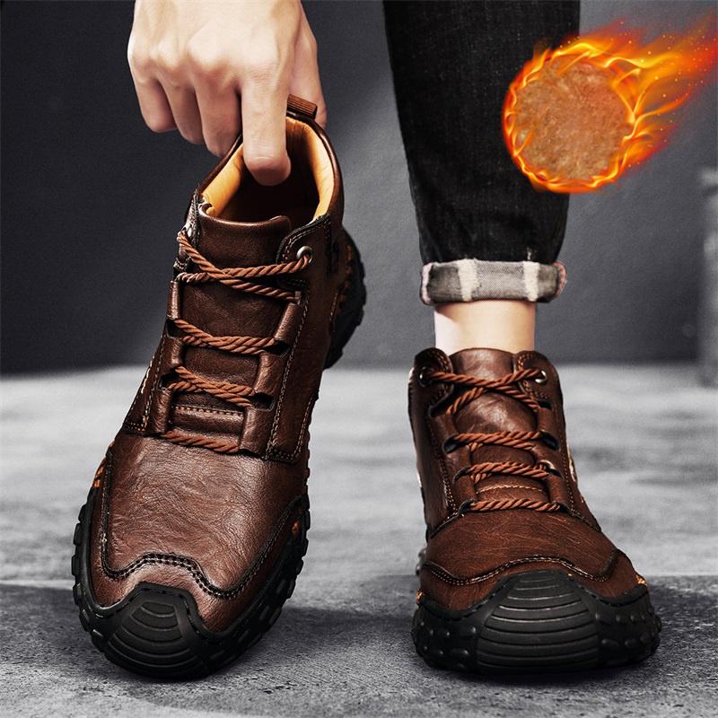 Mens Handmade Casual Leather Loafers Casual Shoes High Boots Leather Winter Sport for Men Soft and Comfortable Non-slip Cotton-padded Ankle Boots