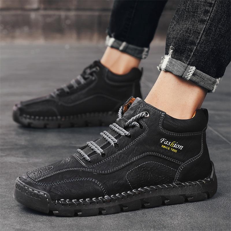Men's High-top Casual Sneakers Handmade Leather Shoes Plus Size 39-48 Spring & Autumn