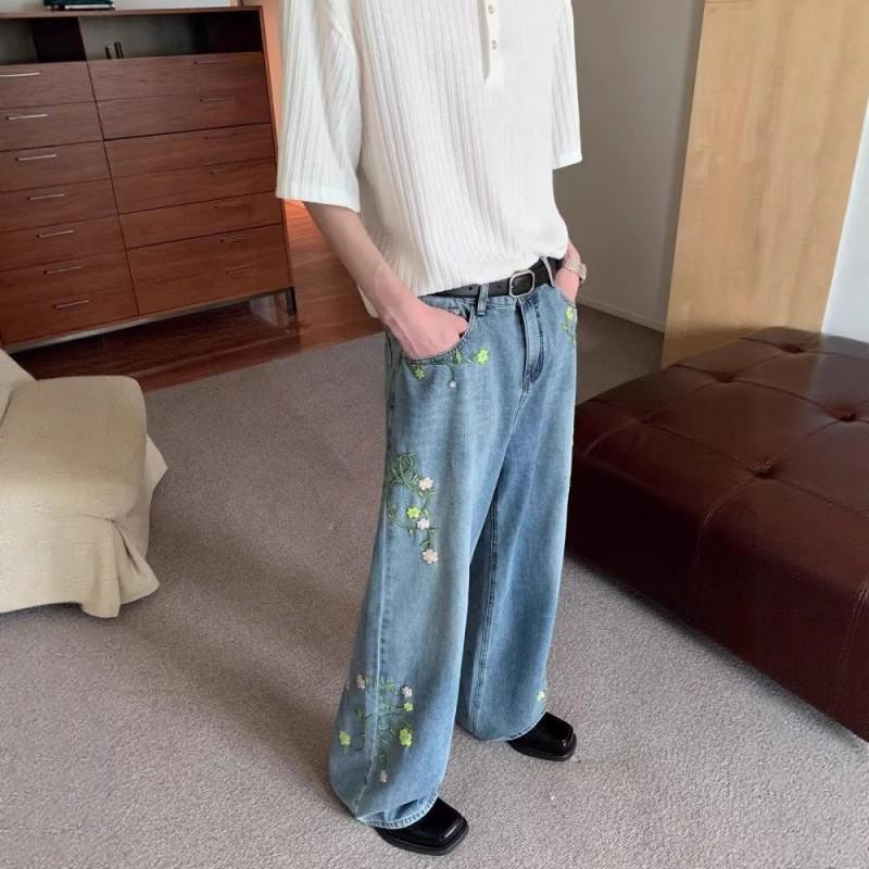 Mens Embroidered Floral Denim Jeans Loose Straight Leg Casual Pants Mid-Rise Stretch Cotton 2025