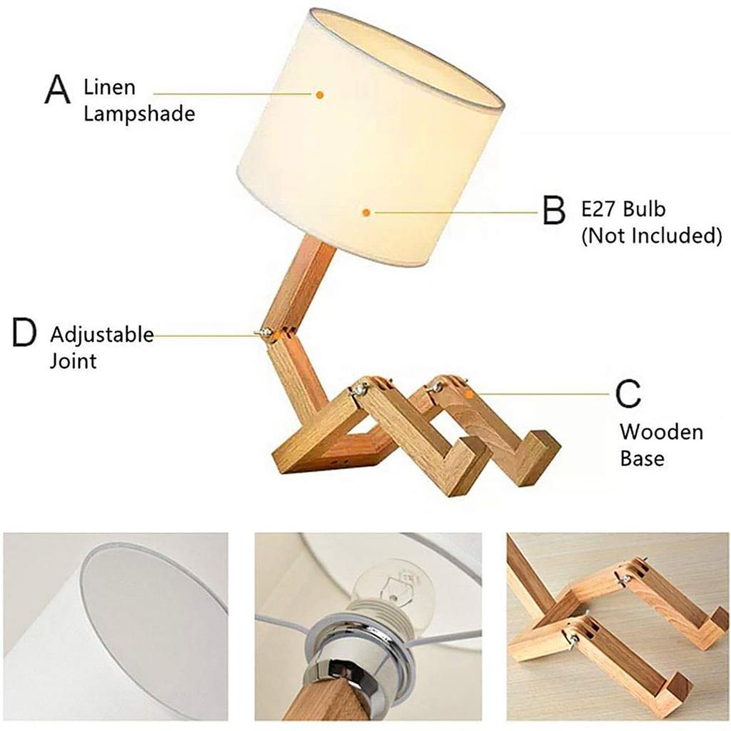 Robotic Table Lamp Wooden Bedside Lamp with Bookcase and  Shade