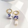Vintage Flower Ceramic Teapot Round Beads Asymmetric Drop Earrings for Women Stainless Steel Circle Earring Pendientes Gift