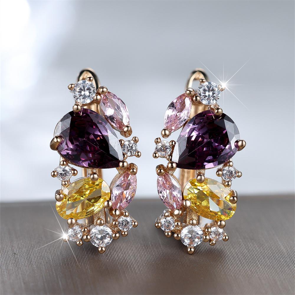 Multicolor Water Drop Stone Purple Crystal Hoop Earrings For Women Vintage Gold Color Ear Buckle Wedding Jewelry Engagement Gift