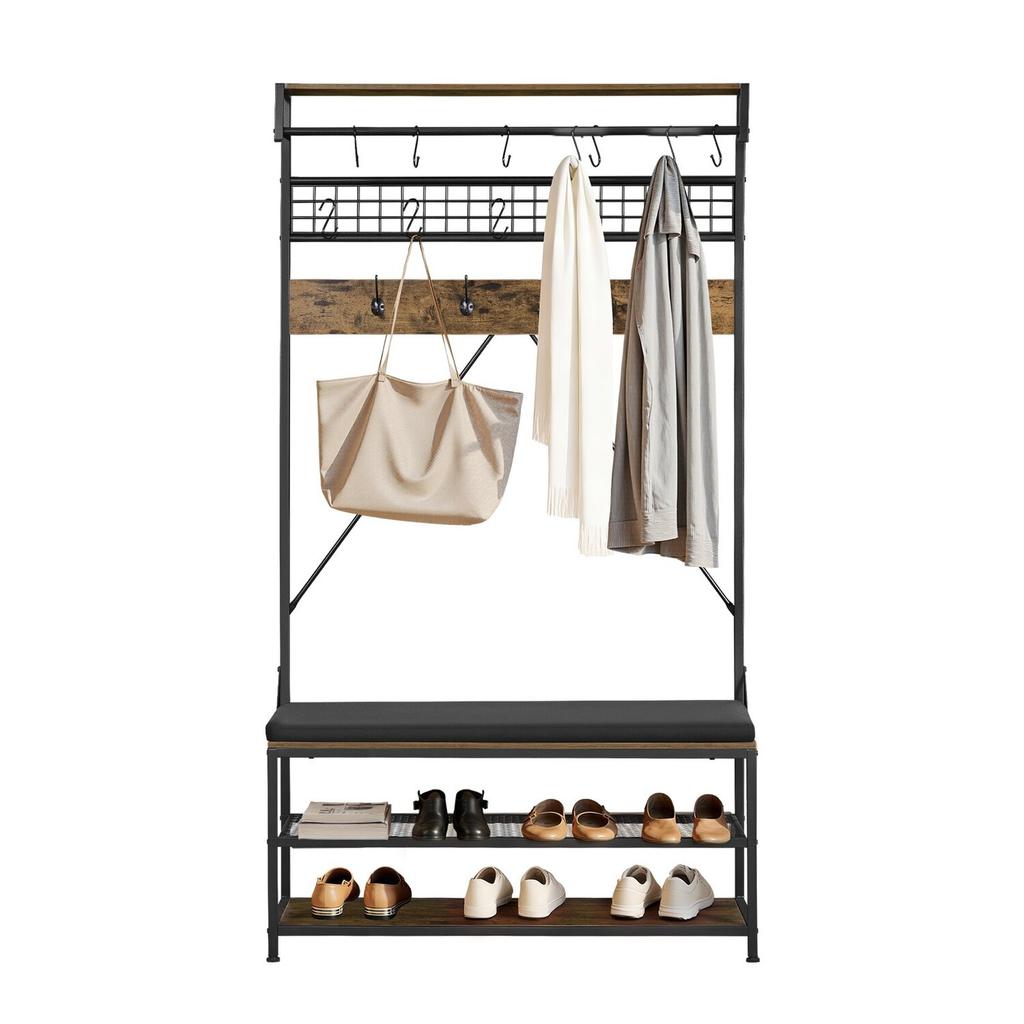 Hall Tree, 1830 mm Coat Rack with Shoe Bench, 2-Tier Freestanding Shoe Rack Storage Organizer with Hooks, Hanging Rod and Wire Shelf, Steel Frame