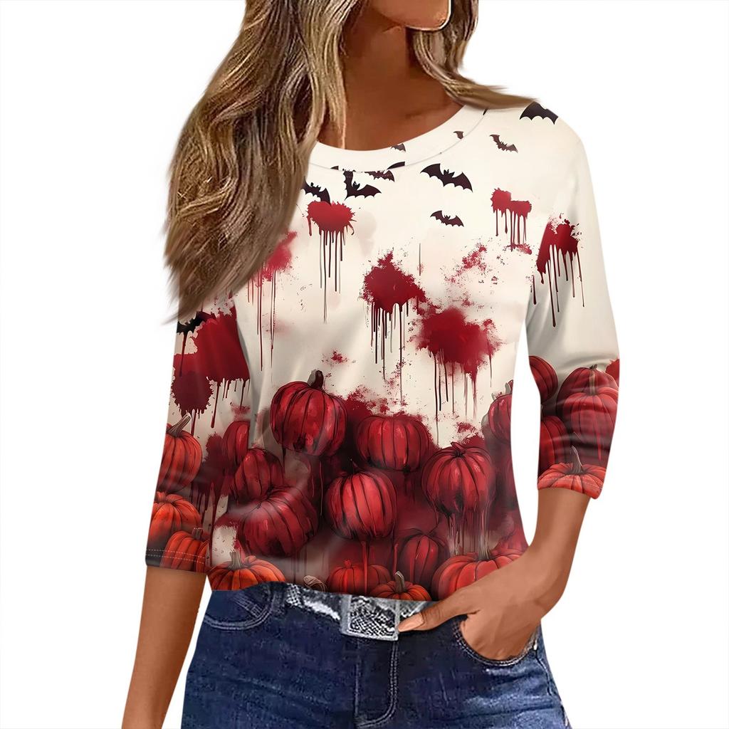 Women's T Shirt Halloween Print 3/4 Sleeve Daily Fashion Basic Round Neck Regular Top