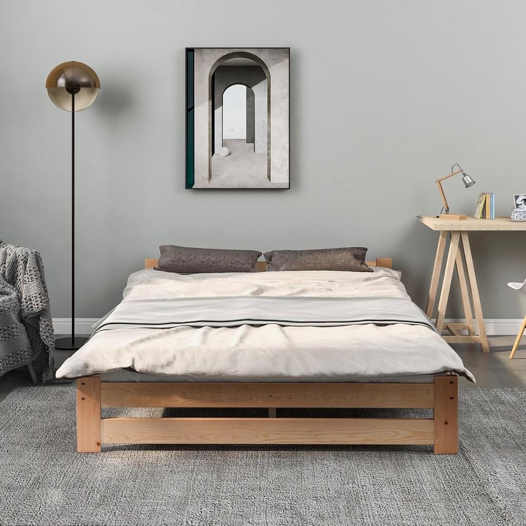 Flieks Solid Solid Wood Bed with Headboard and Slatted Frame, Natural (200x140cm)