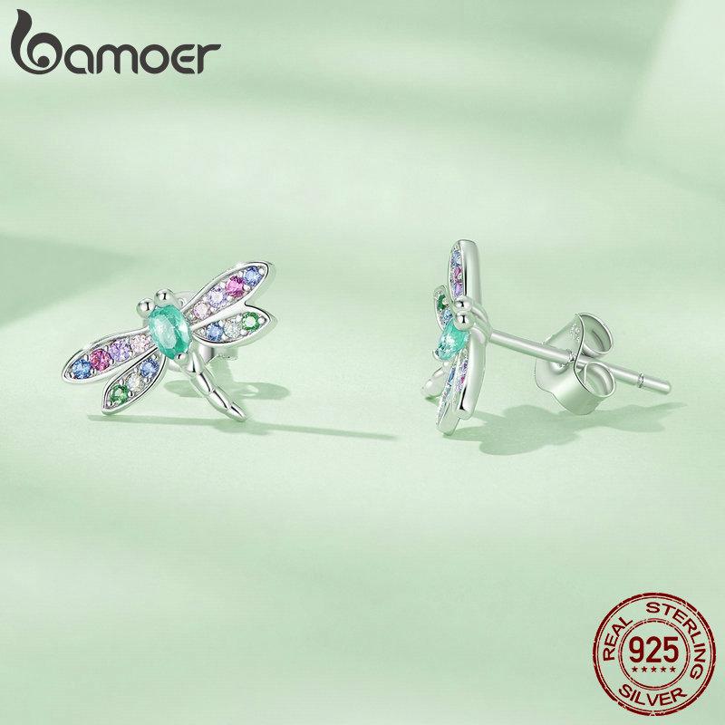 Bamoer 925 Sterling Silber Libellen Ohrstecker Insekten Ohrringe für Damen Bunter Zirkon Feiner Schmuck BSE795