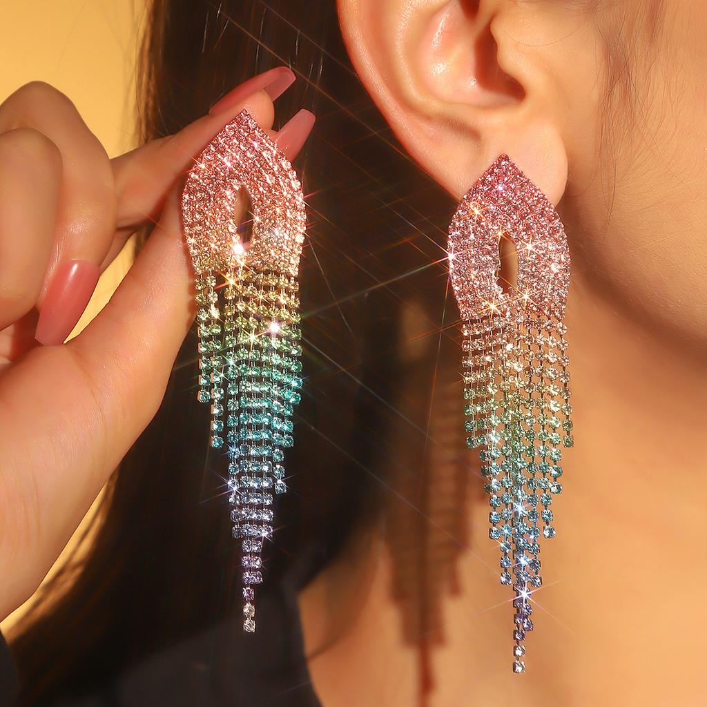 Temperament Color Shiny Rhinestone Long Earrings