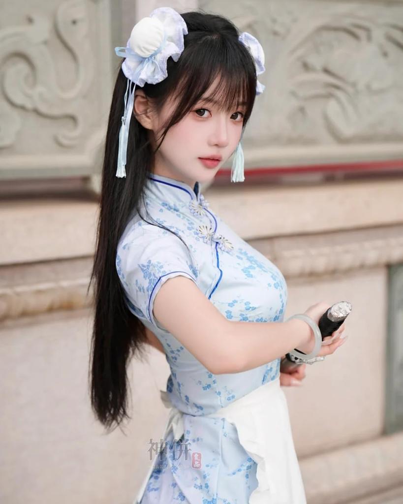 Cheongsam Girl Light Chinese Set with Bun and Costume Size [Excellent Product] Costume, Blue, Style, 4-Piece Cover, Sexy, Cute, Moe, Women's (Blue, S)