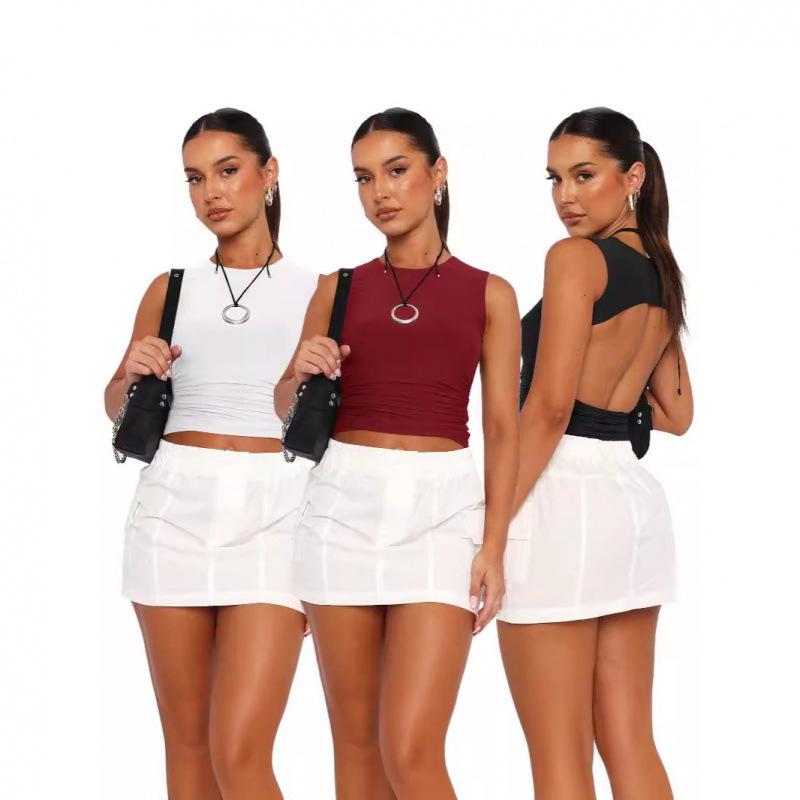 

Women s Solid Color Backless Crew Neck Cropped T-Shirt XL