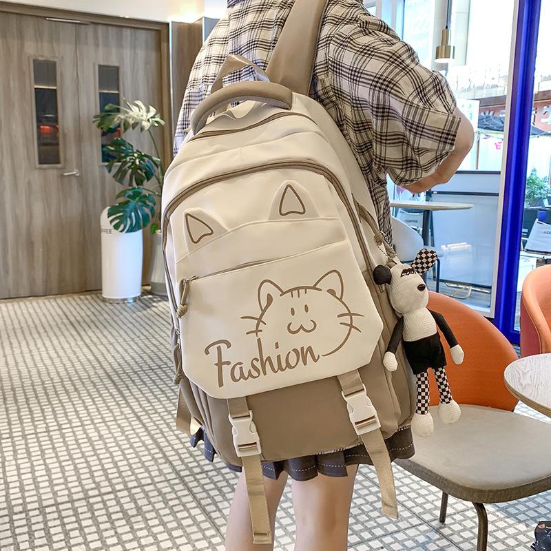 Korean Cute Cartoon Cat Women's Backpack Junior High School Students Schoolbag Large Capacity Multi-compartment Storage Waterproof Travel Backpack