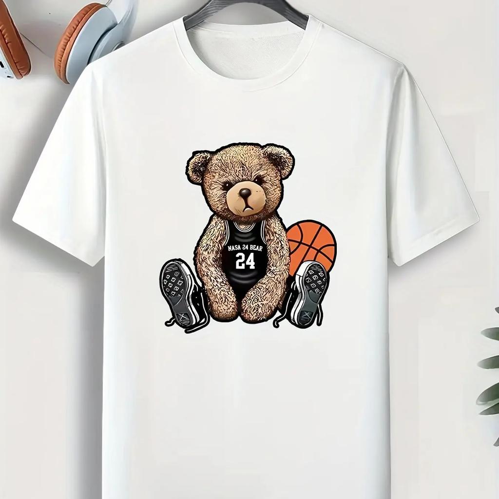 Men's Basketball Bear Cartoon Print Round Neck Short Sleeve T-shirt Casual Fashion Graphic Tee Loungewear Pajamas Top For Summer