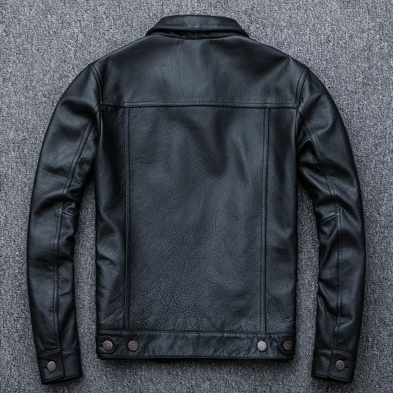 Top de Mezclilla de Cuero Genuino Chaqueta Corta de Cuero Genuino para Hombre Cuero de Vaca de Primera Capa Chaqueta de Cuero Juvenil con Solapa de Motocicleta