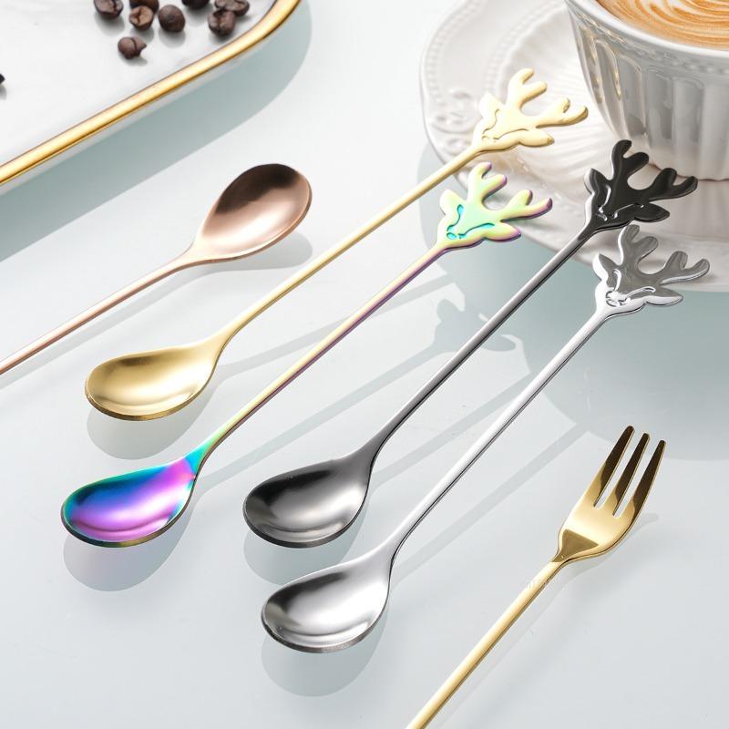 12cm 15cm Christmas Deer Spoon Fork Stainless Steel Coffee Stirring Spoon Tableware for Dessert Fruit Christmas Gift Home Decor