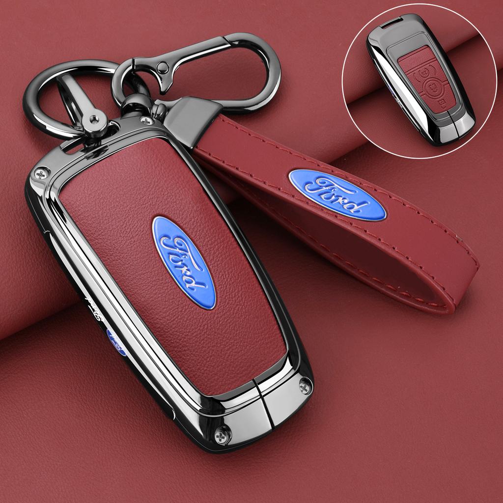Leather Car Key Case Protector Cover for Ford Fusion Mustang Explorer F150 F250 F350 EcoSport Edge S-MAX Ranger Lincoln Mondeo