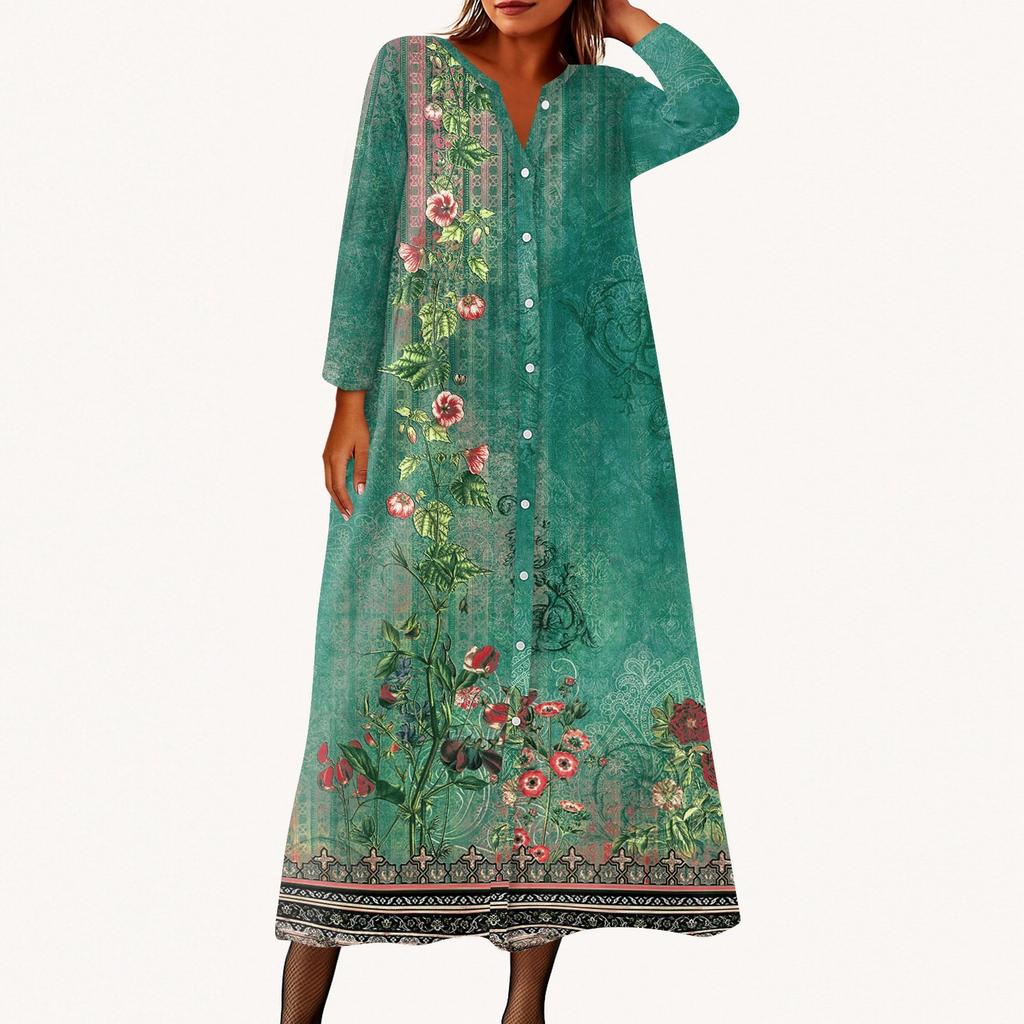 Women's Fashionable Printed Round Neck Seven Quarter Sleeve Button Loose Shirt Dress