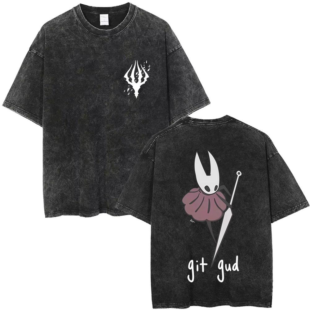 T-shirt Vintage Lavé Imprimé Graphique Hollow Knight Homme Femme Mode Décontracté Oversize Streetwear