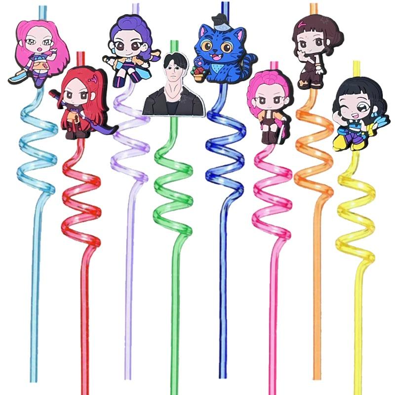 Kpop Lovce démonů Slámky Narozeninová dekorace Kreslená figurka Plastové slámky Party drobnosti Opakovaně použitelné slámky Šťastné narozeniny Dárky pro děti