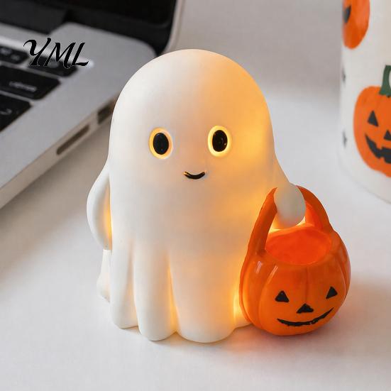 Glowing Desk Ornament Halloween Holding Pumpkin Ghost Figurine, Spooky Statue with Holiday Night Light, Resin for Tabletop Centerpiece