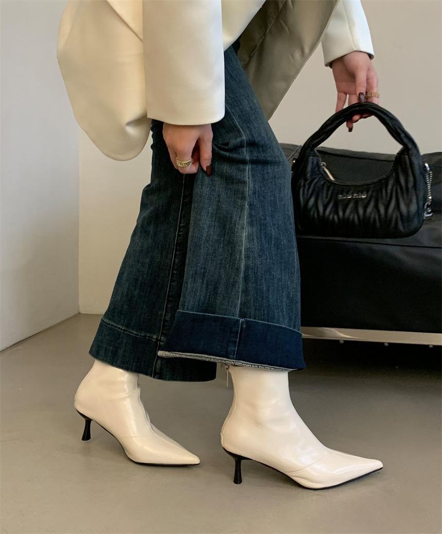 

High heel boots thin heel pointed short boots women s shoes 2025 autumn and winter new Korean version velvet women s boots rear zipper fashion boots 39 абрикосовый