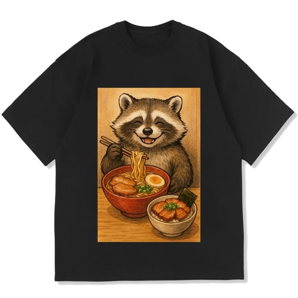 Casual Loose Summer T-shirts Fashion Cotton Short Sleeve O-neck Tees Unisex Men's Raccoon Eating Ramen Printed Tunics