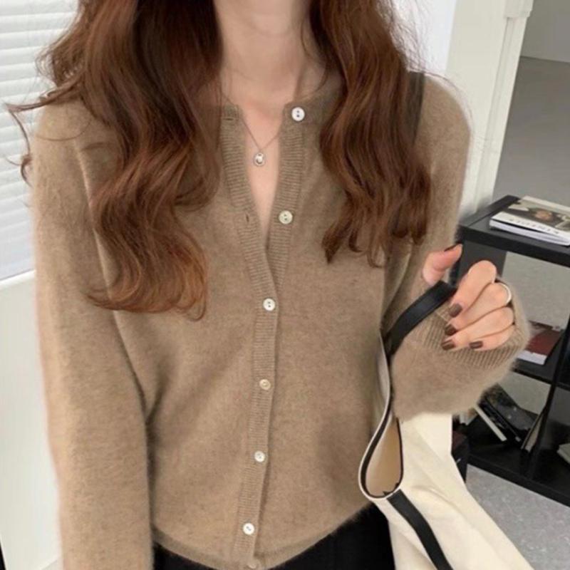 Women Autumn Winter Long Sleeve O Neck Wardrobe Staple Solid Color Soft Breathable Loose Cardigan Sweater Coat