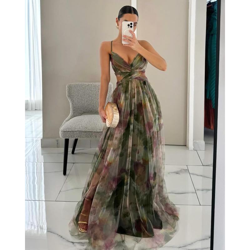 Spring and Summer New Mesh Printing Suspender Dress, Vacation Casual Party Dress