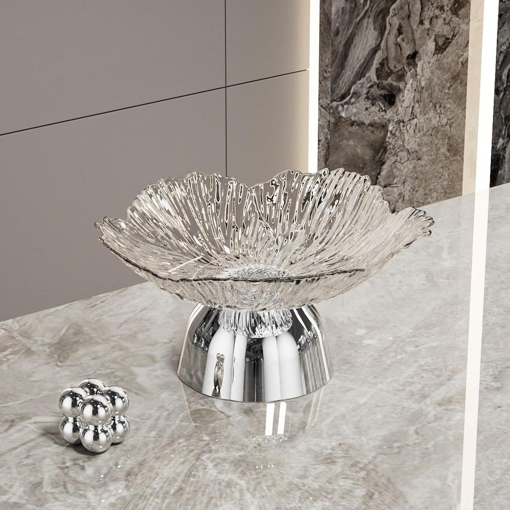 Transparent High-Footed Fruit and Snack Display Plate: Modern Light Luxury Design for Living Room Coffee Tables.