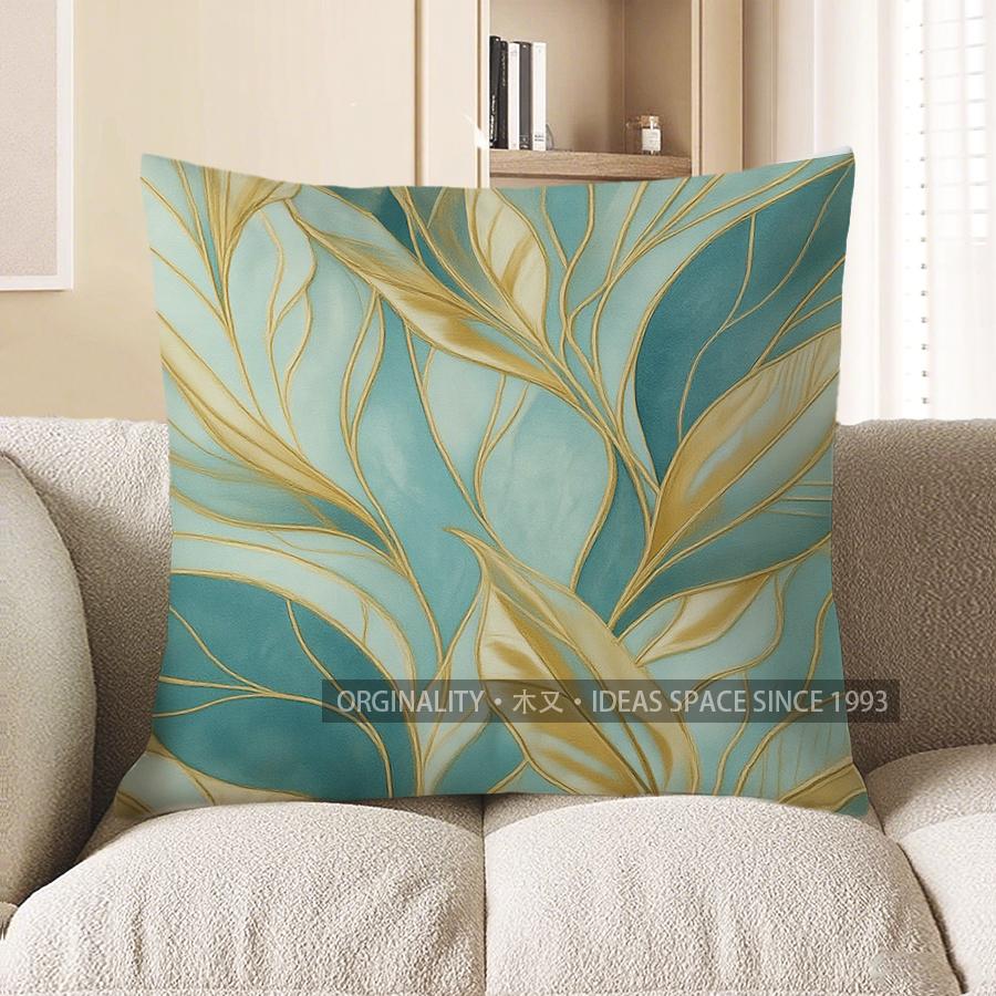 Home Decor Teal & Gold Leaf Pattern Throw Pillow Cover Pattern Cushion Cover Suitable For Sofa Bedroom Car Pillow Cover 40x40cm