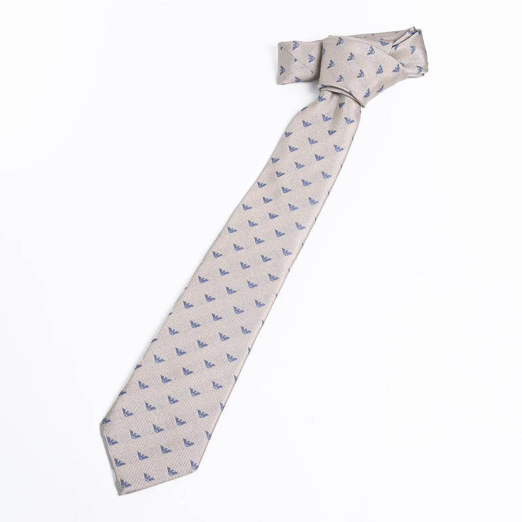 Emporio Armani Eagle Made in 340075 3R616 00050 Men's Tie, 7.5cm Wide, 100% Silk, Logo, Beige, Italy, [Used]