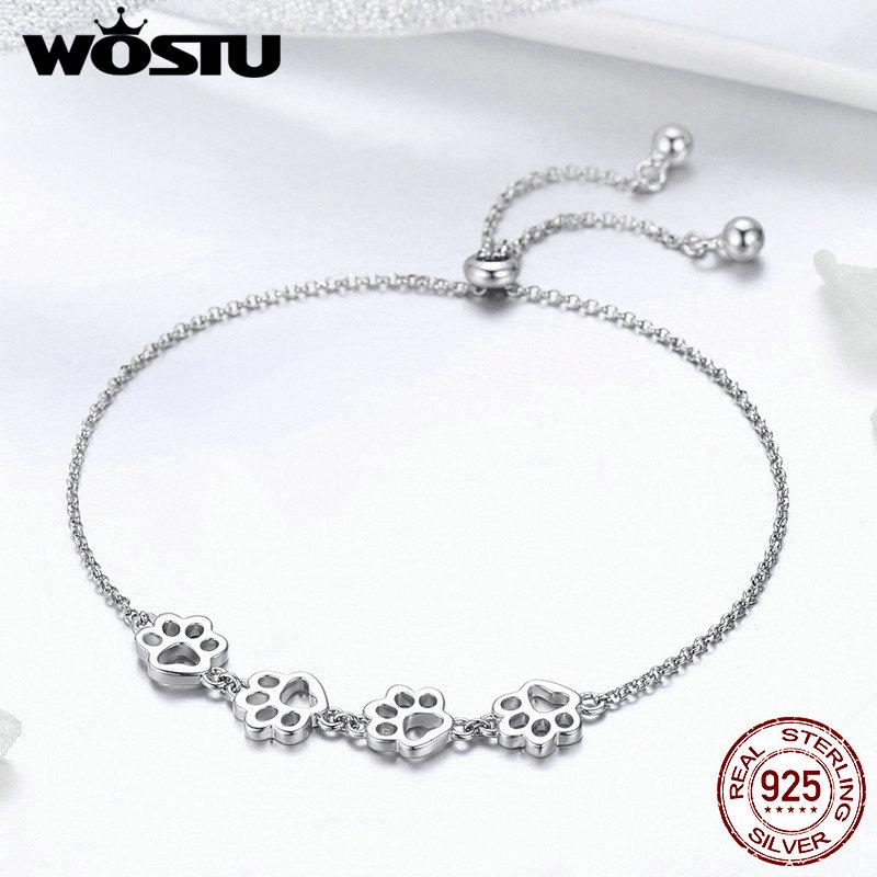 WOSTU Fashion 925 Silver Paw Trail Dog Animal Chain & Link Bracelets For Women Cute Jewelry Lucky Best Gift CQB096