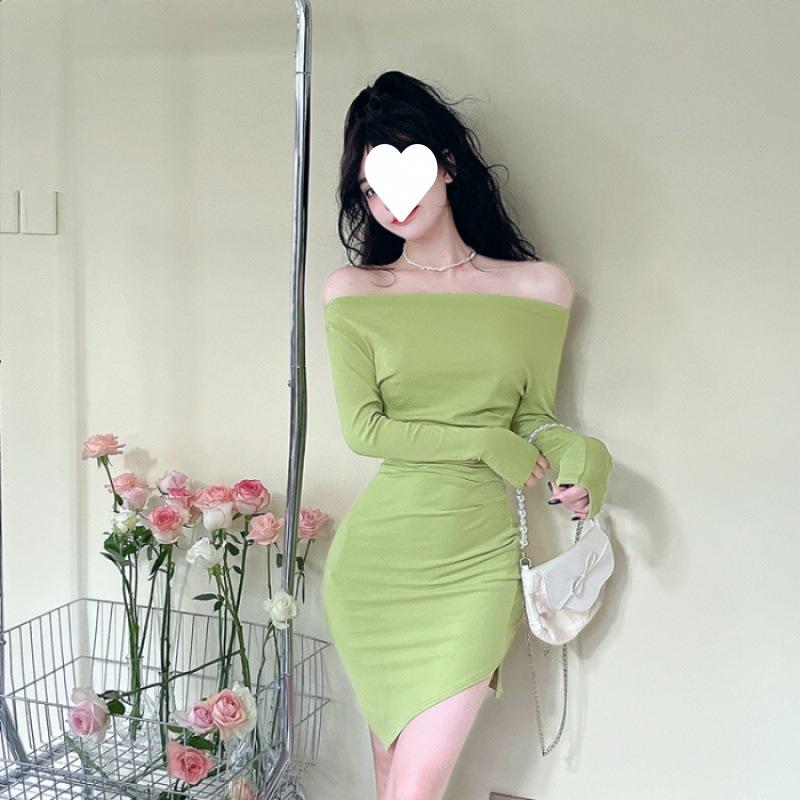 One-word shoulder dress women's long-sleeved cold department high-end hot girl sexy off-the-shoulder waist tight bottom hip skirt
