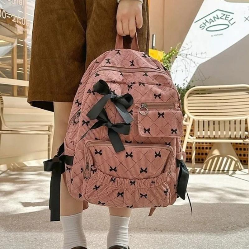 1PC Fashion Corduroy Bow Schoolbag Large Capacity Bow Print Backpack Bag Ins Style Students Backpack Women Students Backpack