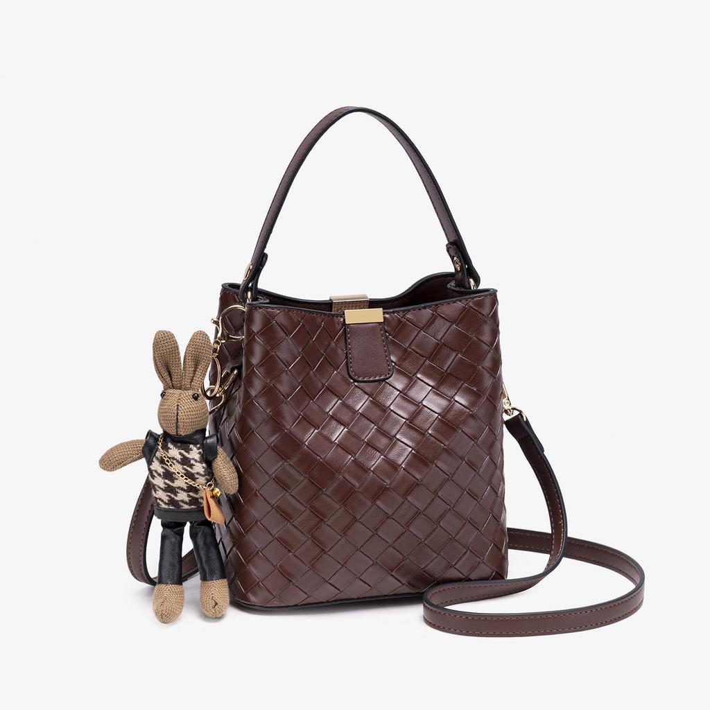 French Retro Rhombus Woven Bucket Bag Large Capacity Portable Messenger Daily Commuting Temperament Simple Women's Bag