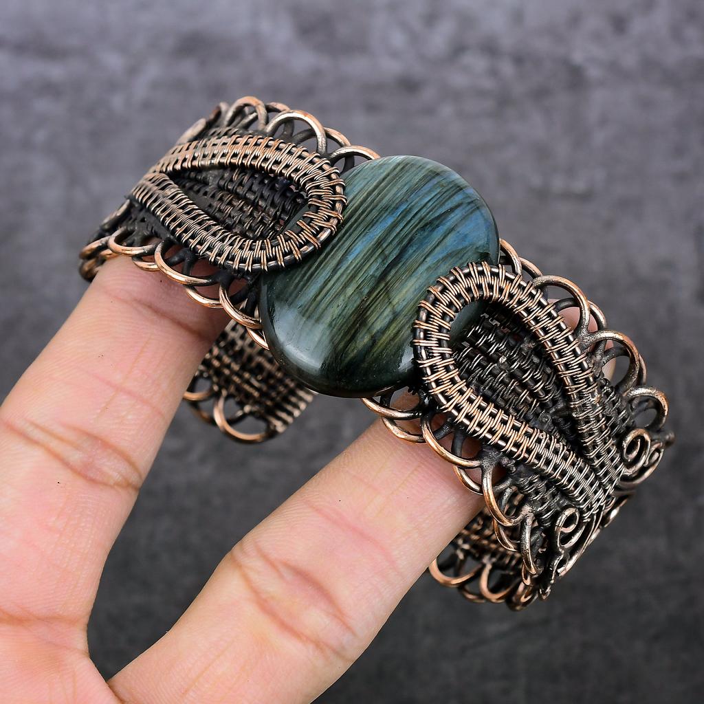 Labradorit Handgjord Koppartrådsinlindad Armring Justerbar R7g40