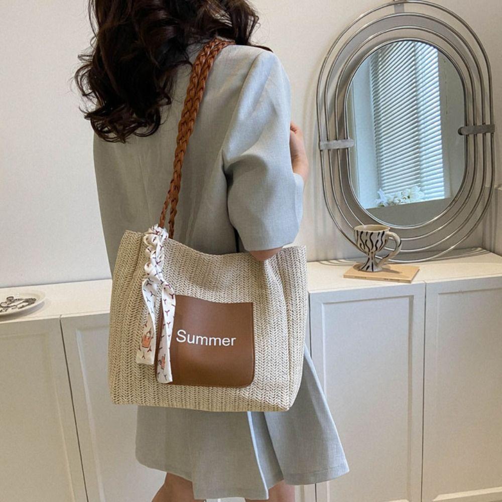 Balletcore Beach Shoulder Bag Ribbon Women Handbag Simple Straw Woven Tote Bag  Travel
