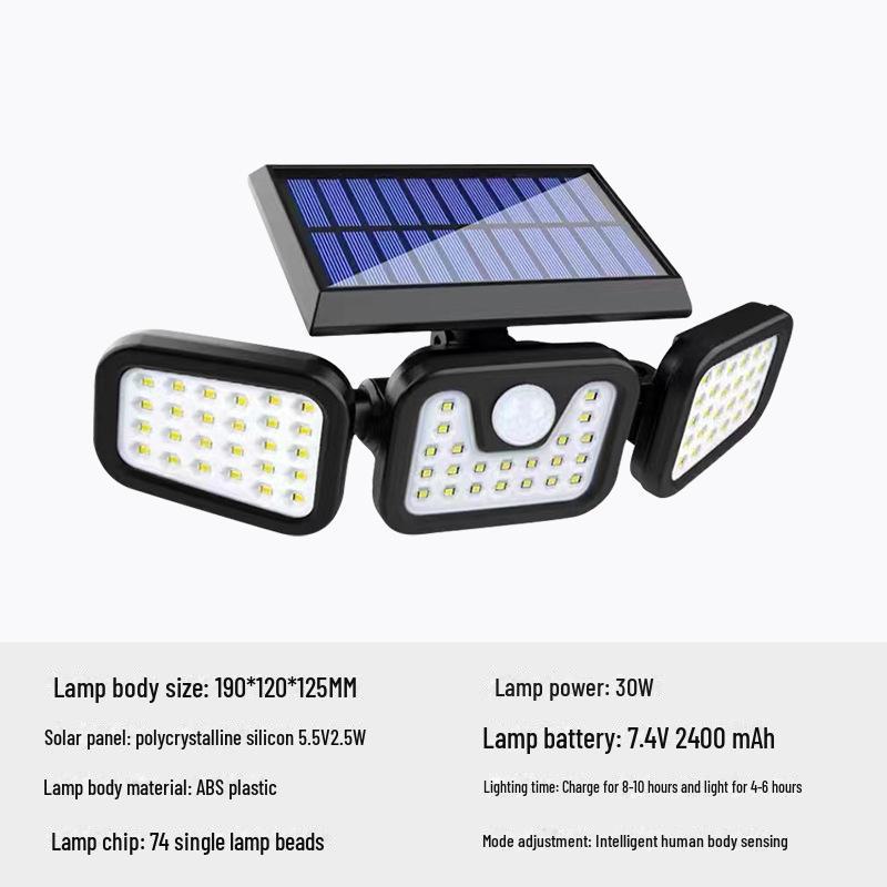 

Уличный настенный светильник на солнечных батареях с вращающимися тройными головками и датчиком движения