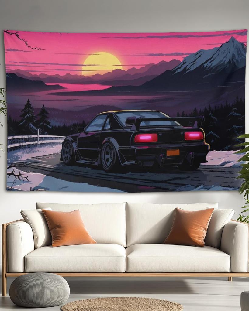 VIKAMA Purple Car Tapestry  Neon Lights Cityscape Vibrant Colors  Urban Atmosphere for Modern and Stylish Home Decor