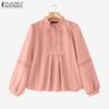 ZANZEA Women Casual Round Neck Long Sleeve Lace Patchwork Loose Blouse