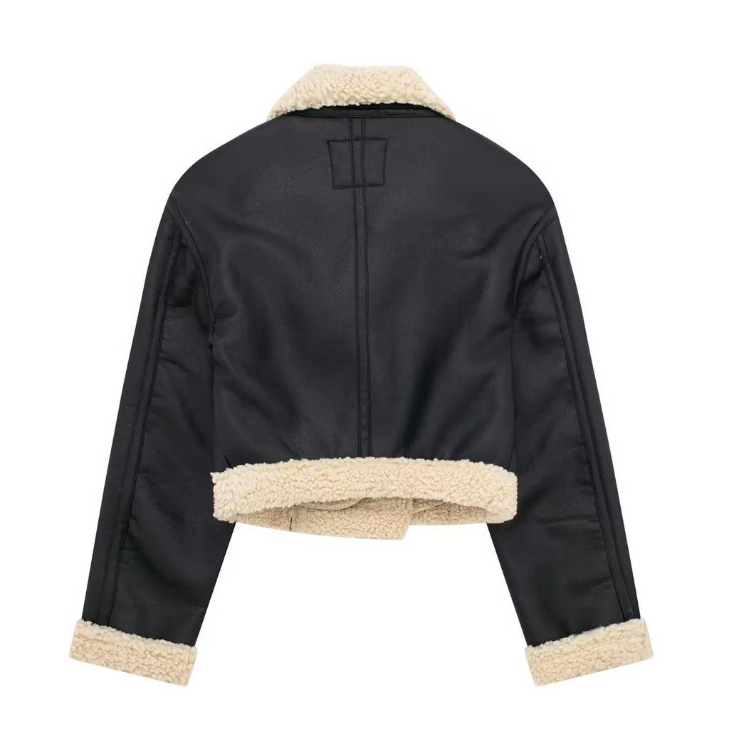 2024 Winter Shearling Biker Short Reversible Women's Jacket with Zipper Accents