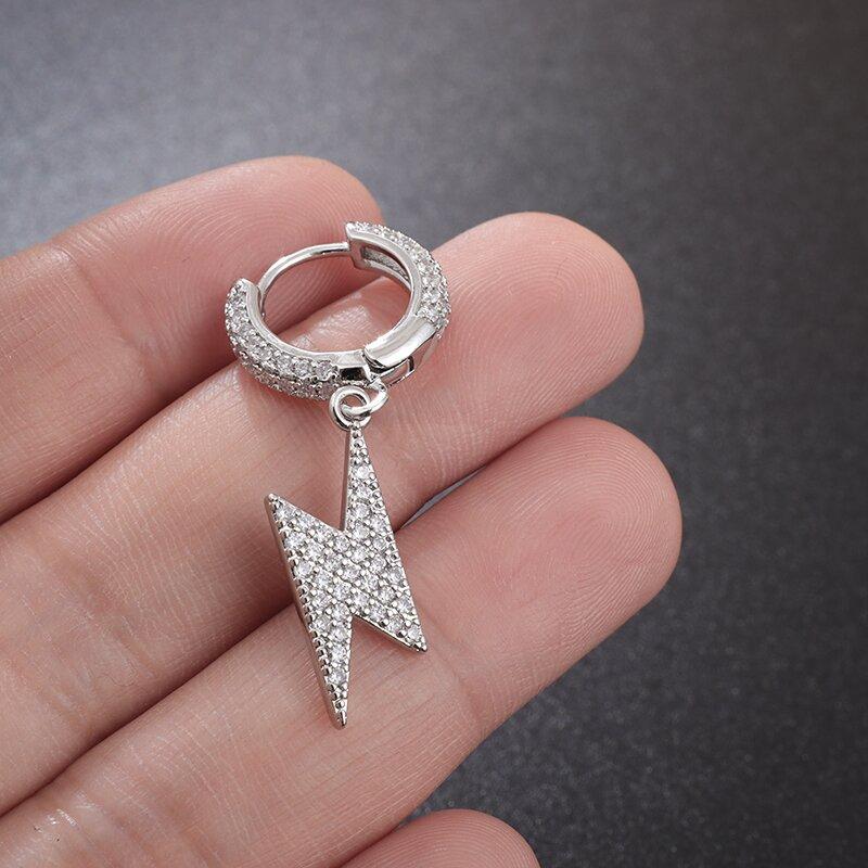 Trend Hip Hop Ice Out Cubic Zirconia Huggie Earrings Lightning Pendant Men Women Silver Color Anti-Allergy Earrings Cool Jewelry