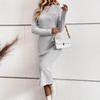 Damen Slim Fit High Waist A-Linie Langes Kleid Elastisch Gestrickt Jacquard Langarm O-Ausschnitt Frühlings-Herbstkleider S-XL