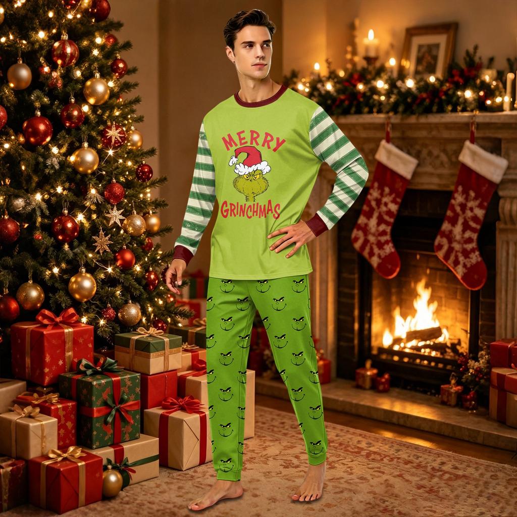 Matching Family Christmas Pajama Set Long Sleeve Round Neck with Pants for Parents and Children