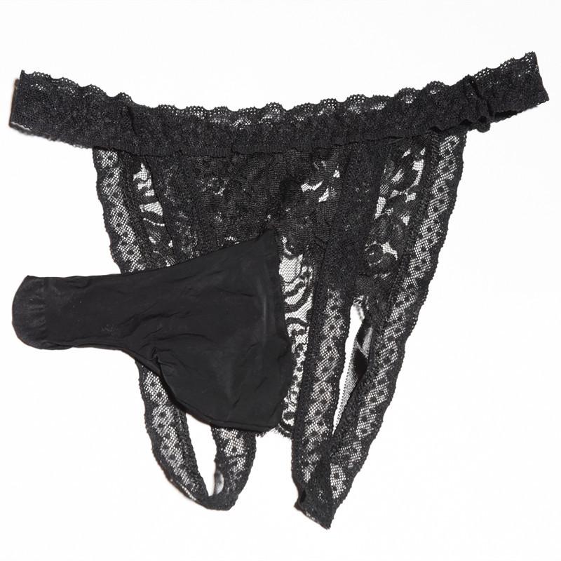 Sissy Lingerie For Men Sexy Seductive Thong Lace Open Crotch Panties Pouch Sheath Underwear Transparent Ultra-Thin Underpants