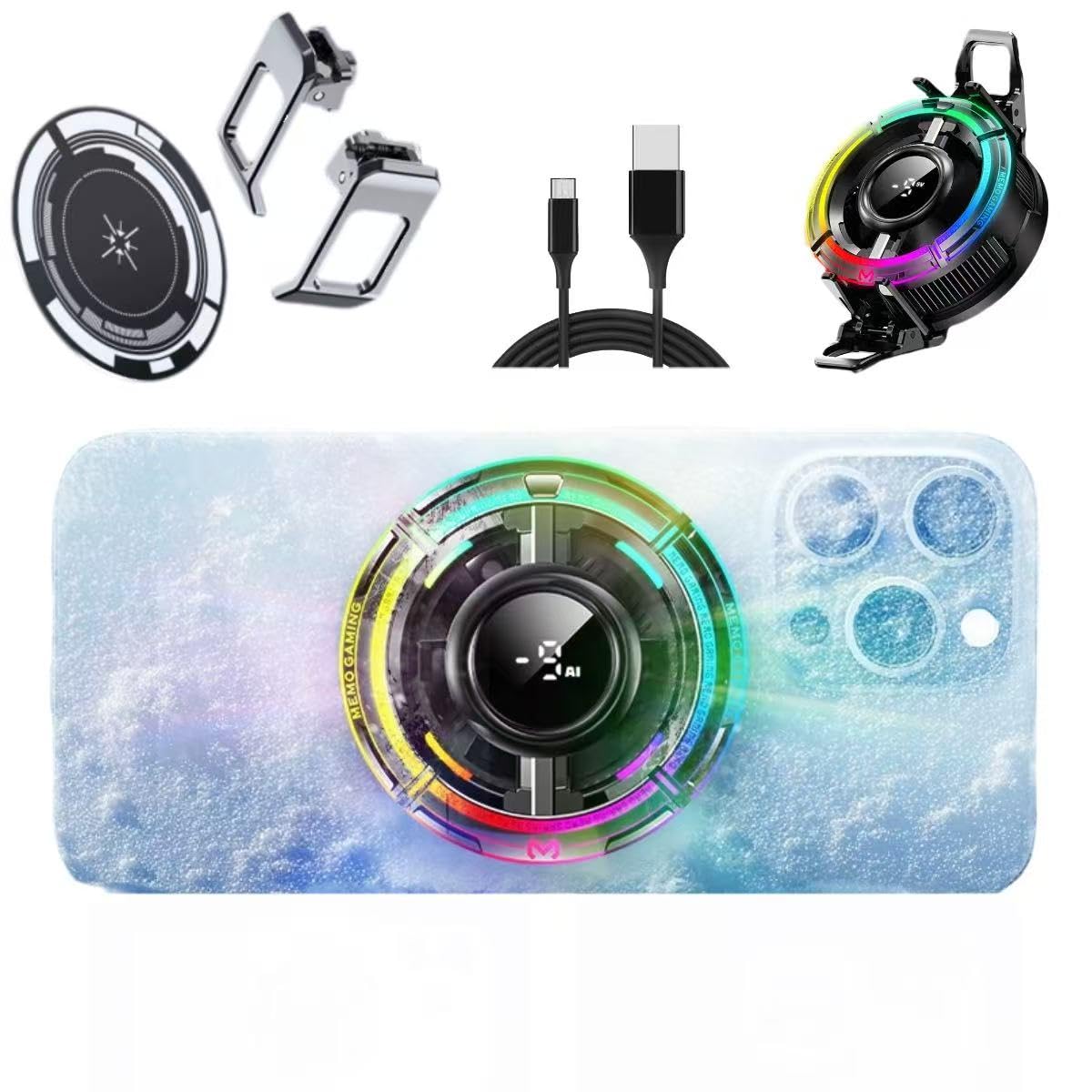 

Smartphone Cooling Fan with TEC Instant AI Intelligent Silent Digital Temperature RGB Light Color 2 Cooling Intensity Semiconductor Condensation чорний