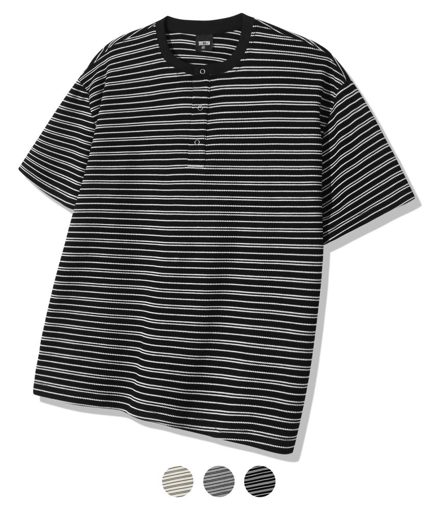 TRILLION Stripe Ring Snap Henley Neck Half Sleeve_3Color