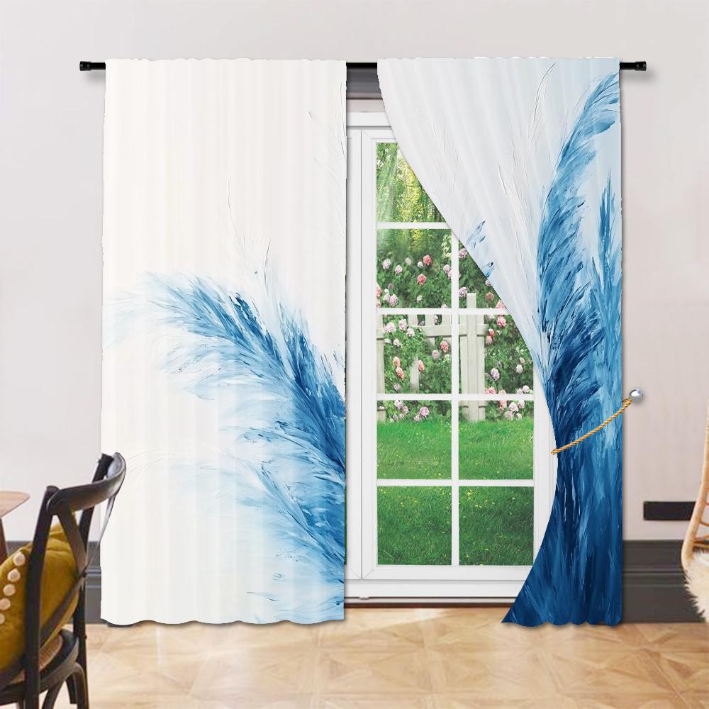 Set Of 2 Versatile Polyester Transparent Curtains Home Decoration Blue Leaves Use Bedrooms Living Rooms Made Great Room Window Treatment