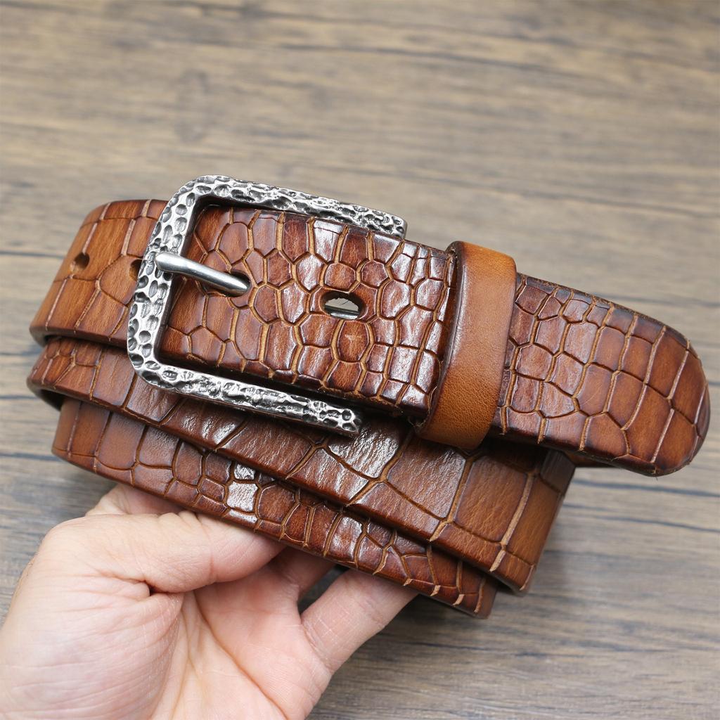 Retro Crocodile Pattern Versatile Pleated Top Layer Belt, Men's Genuine Leather Trendy Pin Buckle Pure Cowhide Middle-aged and Young Belt